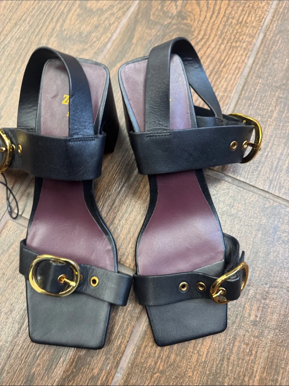 Zara Black Leather Square-Toe Slide Sandals with Gold Buckles - Picture 4 of 6